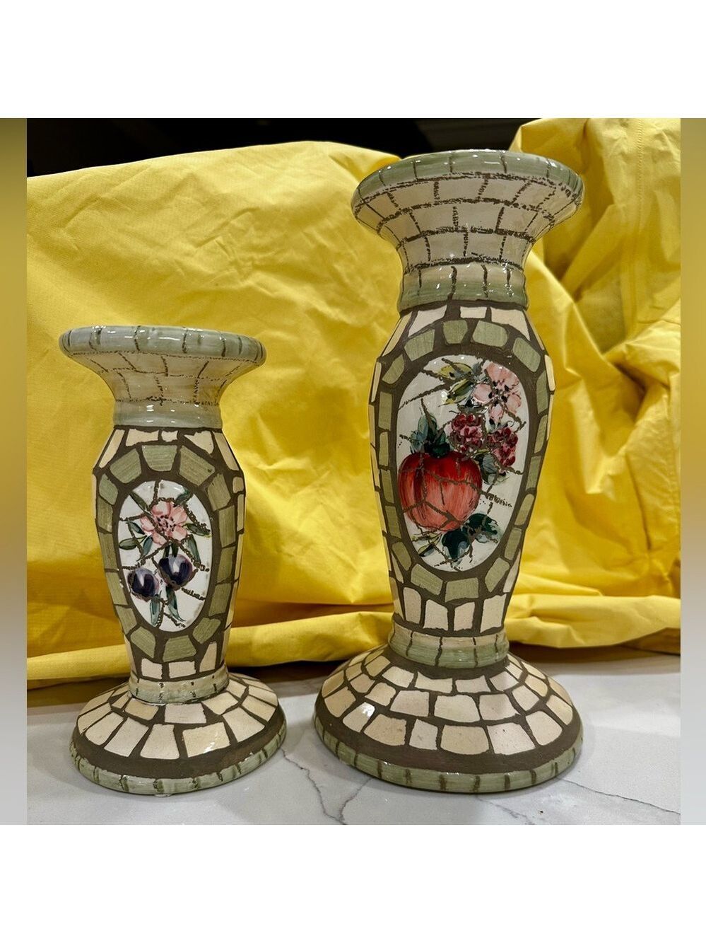 Floral and Fruit Mosaic Green and Cream Tile Pedestal Candle Holders Set of 2